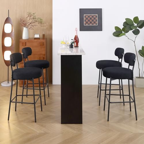 LONXIU Barhocker 4er Set, Barhocker mit Lehne aus Bouclé-Stoff, barstuhl mit schwarzen Metallfüßen für Küche, Bar, Esszimmer, Schwarz