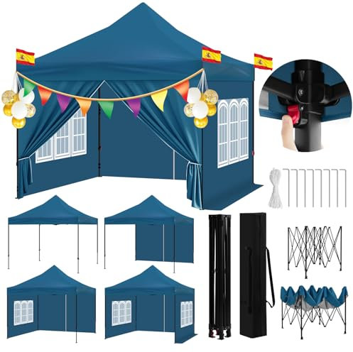WOLTU Carpa Cenador El Techo en Punta Hace, Pergola Plegable de Jardín, Gazebo Impermeable con Paredes de Tela Oxford, Cenador Pabellón con Ventanas y Puerta de Cremallera, Altura Ajustable,Azul