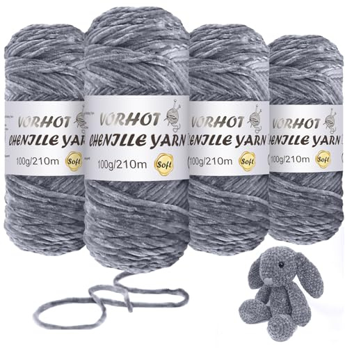 VORHOT 400g Filato di Ciniglia, 4 Rotolo Morbido Lana di Ciniglia, Lana Vellutata per Bambini per Lavorare a Maglia, Grigio