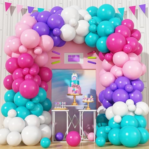 HILAVO Pink Purple Balloon Arch Kit 130 Pcs Blue Purple Pink Party Balloons Garland Pastel Hot Pink Teal Purple White Latex Balloon for Girls Mermaid Birthday Baby Shower Wedding Party Decorations