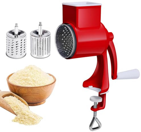 Manuelle Nussmühle mit 2 abnehmbaren Trommelblättern, Käsereibe mit Kurbel, Manuelle Trommelreibe für Gurken, Käse Nüsse, Karotten usw(FARBE:Rot)