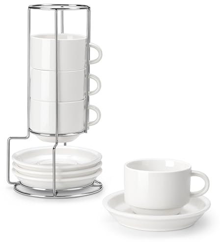 MALACASA Serie REGULAR, Juego de 4 Tazas de Café para 4 Personas, 270 ml, Servicio de Café Apilable con Platillo y Soporte Metálico, Ideal para Espresso, Capuchino, Latte, Moka y Té, Color Blanco