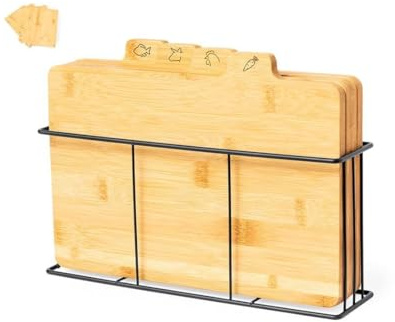 MUY CHULO Tablas de Cortar Cocina de Bambú – Set 4 piezas – Tablas Cocina con Símbolos para Carne, Pollo, Verduras, Pescado – 29x23cm – Evita Contaminación Cruzada – Hogar Organizado y Ordenado