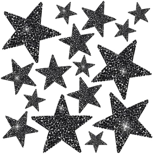 Ouligay Toppe termoadesive a forma di stella, nere, da applicare con il ferro da stiro, con paillettes, con paillettes, per vestiti, vestiti, jeans, 16 pezzi