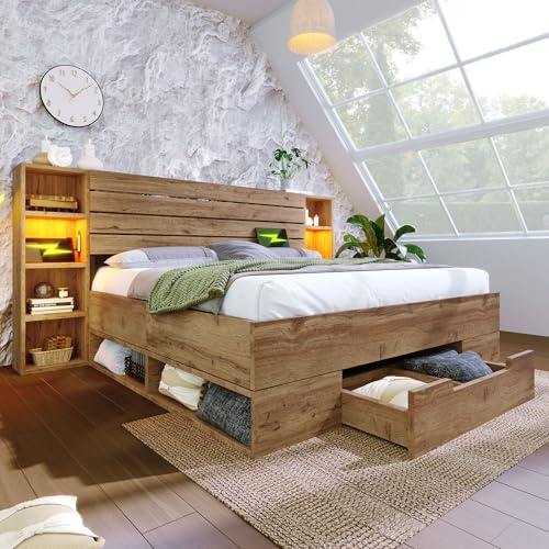 LINKHOO lit Double en Bois Massif, avec Rangement et éclairage LED, tête de lit et tiroirs de Rangement USB C, Cadre de lit à Lattes de Bois, sans Matelas, 180×200 cm, chêne