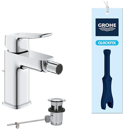 GROHE Dice Lever Bidet Mixer Tap with Pop-Up Waste Set (S-Size 151 mm, Ball Joint, 28 mm Ceramic Cartridge, Water Saving, Tails 3/8 Inch, Easy to Fit with The Included QuickTool), Chrome, 1018770000