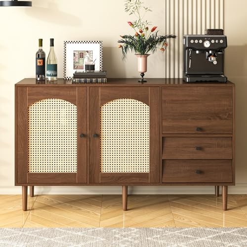 ModernLuxe Country-Style Sideboards for Living Room, Elegant Storage Cabinet with Rattan Doors and Magnetic Closure, Adjustable Shelves, Sturdy Structure, Versatile Design, Natural, 130x75.5x40cm