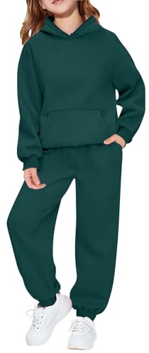 Tuta da ginnastica per bambini, set completo da 2 pezzi, per ragazzi e ragazze, oversize, a maniche lunghe, con cappuccio, pantaloni larghi e pantaloni da jogging per la scuola, Verde scuro, 9-10