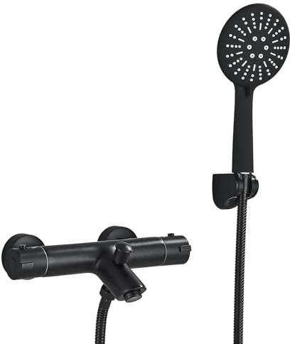 LLFFSSDG Grifo Ducha Termostato, Grifo de bañera negro con alcachofa de mano manguera negra de acero inoxidable, grifo de bañera con ducha para baño grifo bañera termostático de latón