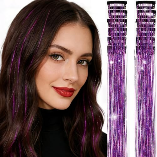 brillos para el pelo Niña, 12 Unidades Color Púrpura de purpurina pelo niña para Festival y Fiestas. Extensiones Brillantes para el Cabello con Clip
