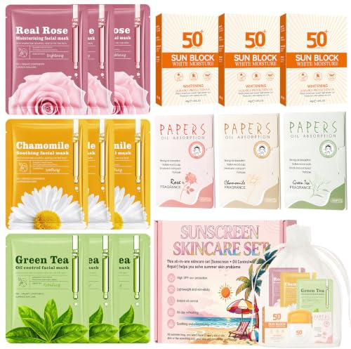 Sun Care Kit, con 3 Protector Solar 50, 3 Papel Secante, 9 Mascara Facial