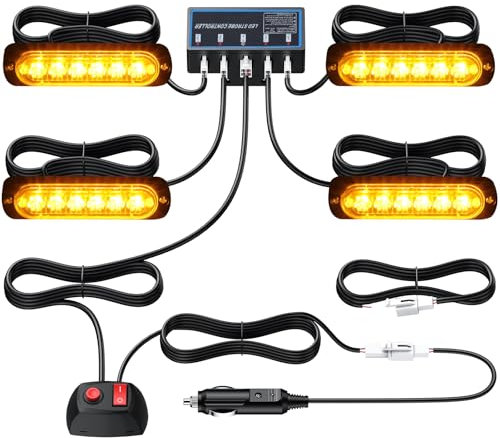 Justech 4x6LED Amber Strobe Lights, Hazard Warning Beacon, Emergency Flashing Lights, 12V/24V Universal for Car, Truck, Trailer, Camper Van