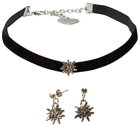 Alpenflüstern Trachtenschmuck-Set Trachten-Samt-Kropfband und Ohrstecker Strass-Edelweiß mini - Damen-Trachten-Schmuck, Trachtenset Trachtenkette und Trachten-Ohrringe schwarz SET040