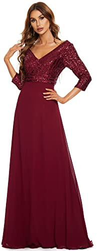 Ever-Pretty Vestiti da Sera Elegante Manica Lunga Scollo a V con Paillettes Linea ad A Chiffon Donna Borgogna 46
