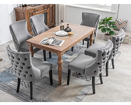 Merax Esszimmerstuhl 6er Set, Moderne Polsterstuhl mit hoher Rückenlehne, bequemer Wohnzimmerstuhl aus Samt, ergonomischer Stuhl, für Arbeitszimmer, Küche, Schlafzimmer, Gestell aus Massivholz, Grau
