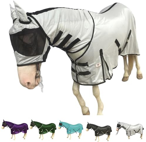 Majestic Ally Sábana para moscas de caballo con cubierta para el cuello y máscara para la cabeza, protección transpirable contra rayos UV y mordeduras, correas ajustables para el cuerpo, accesorio de