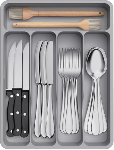 Lifewit Cutlery Drawer Organiser, Plastic Cutlery Tray for Kitchen Drawer, Utensil Flatware Silverware Holder Divider for Spoons Forks Knives Tableware, 5 Compartment, Grey