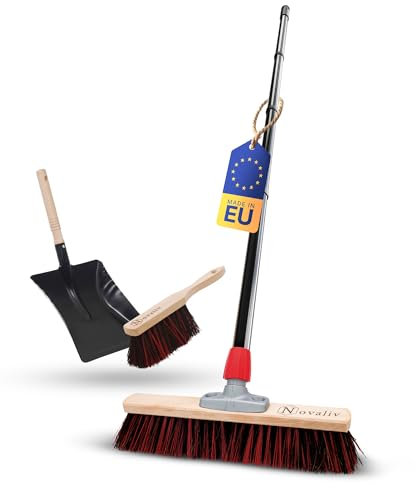 Novaliv Balai de rue avec manche de 40 cm - Poils Arenga-Elaston avec balai galvanisé avec lèvre en caoutchouc composé d'une pelle et d'une balayette - Idéal pour jardin, terrasse, cour, écurie