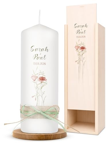 AMARI ® Hochzeitskerze personalisiert Flower 20/7 cm - mit Namen & Datum – Elegante Traukerze für Hochzeit & Standesamt – Individuelles Geschenk zur Trauung