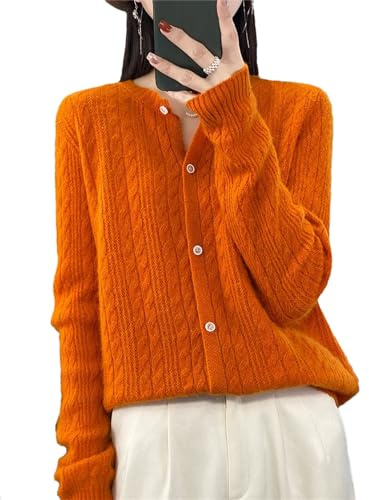 Donne Cardigan Maglione O-Collo Manica Lunga Cashmere Maglieria Primavera Autunno Vestiti Femminili, Arancione, L
