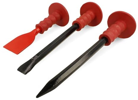 BOOMET Cincel manual individual o juego · Tamaño a elegir · Juego de cinceles extra robustos con protección de manos rojas para piedra y azulejos · Cincel plano de punta (cincel para juntas)