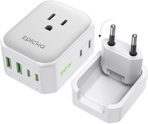 EPICKA Hybrid European Travel Plug Adapter, Foldable & Detachable Type C (EU) VisaPlug, 8-IN-1 International Power Adapter with 4 USB Ports (2 USB-C PD 20W) - Travel Essentials for US to Europe, White