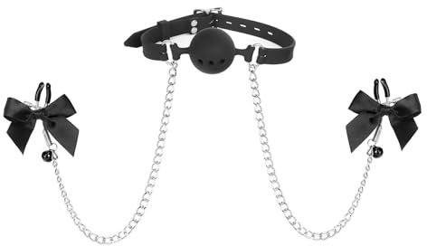 Kutocesy Ballgag in Silicone con Fiocco Morsetti Capezzoli Regolabili Accessori Bondage SM per Coppie Adulti Giochi Sessuali (L)