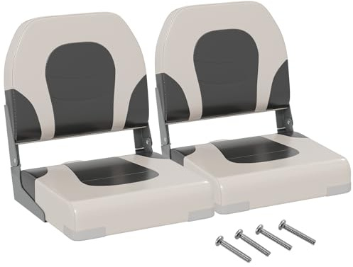 GYMAX Set of 2 Deluxe Folding Boat Seats, Faux Leather Low Back Captain Chairs with Metal Hinges and Carry Handle, Ergonomic Seating for Fishing Boats & Yachts (Off White+Grey, 42 x 51 x 49cm)