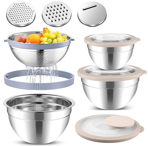Joyfair Rührschüssel mit Deckel, Edelstahl Schüssel Salatschüssel 3er Set mit Sieb und 3 Reibenaufsätzen für Küche, 4,5L / 3L / 1,5L, Stapelbar & Sichtbar, Spülmaschinenfest, Khaki