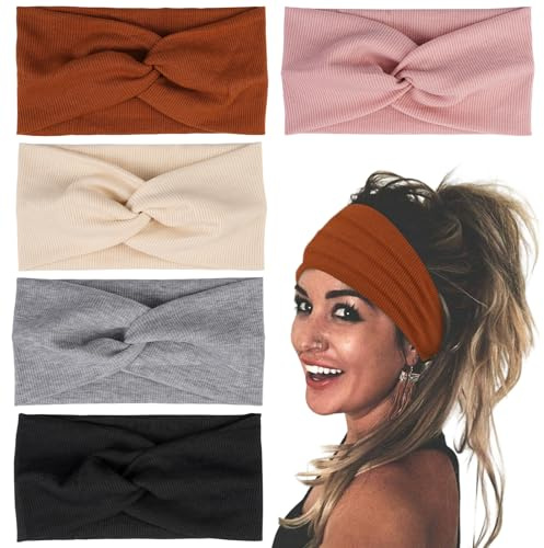 5 Stück Dünn Yoga Headbands, Solid Farbe Elastisch Haarband Baumwolle