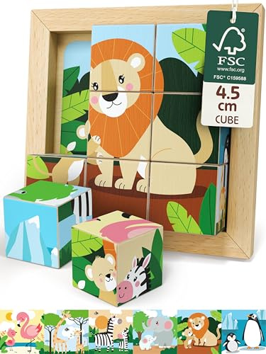 Merle Toys® 6-in-1 Würfelpuzzle ab 2 Jahre, 100% FSC-Buchenholz, Würfelpuzzle ab 3 Jahre, Bilderwürfel Holzpuzzle ab 2 Jahre, 4,5 cm große Würfel, Puzzle mit abgerundeten Ecken und Bildvorlagen, Löwe