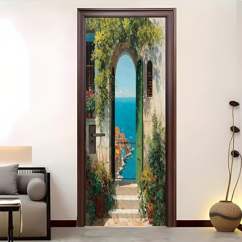 3D Buccia e Bastone Adesivo di Porta, Vista Dalla Finestra Sul Mare Creative Arte Sticker Porta Vinile Verde Autoadesivo Camera da letto dei Bambini Bagno Removibile Murale Poster 80x210 cm