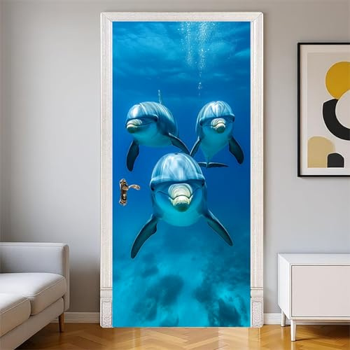 Türtapete Meeresdelfine 88 x 200 cm Blau Fototapete für Tür Wohnzimmer Küche Badezimmer Türaufkleber UV-beständig montagefertig