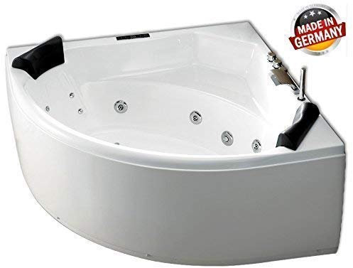 Whirlpool Badewanne Karibik Profi MADE IN GERMANY 155 x 155 cm mit 25 Massage Düsen LED Unterwasser Beleuchtung Heizung Ozon Desinfektion MIT Messing Armaturen verchromt Spa rund Eckbadewanne