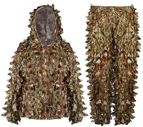EAmber Ghillie Suit Gilly Hunting Suit Trousers 3D Leaf Camo Camouflage Jumpsuit Teenagers Adults Lightweight Clothing for Jungle Hunting, Shooting, Airsoft, Wildlife Photography or Halloween