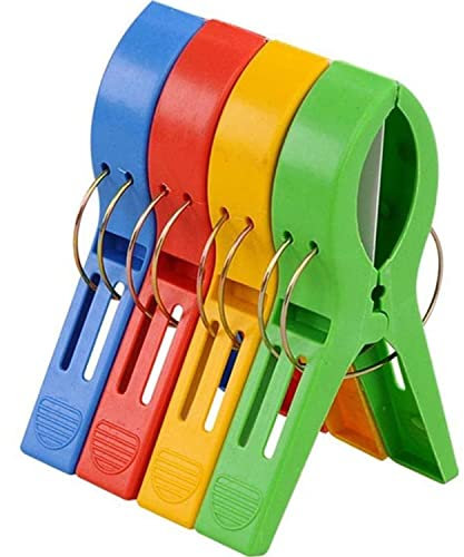 LRMYS Big Size Plastic Hanging Clips Set, 12cm Large Beach Towel Clamps for Sunbeds Sun Loungers Pool Chairs Laundry Prevent Blowing Clothes Pegs Away, 4 Colors in Pack