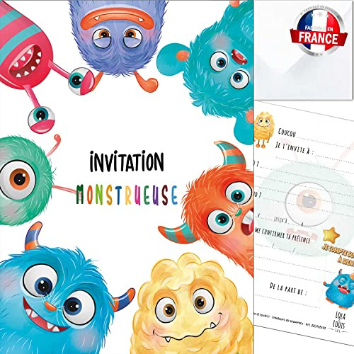 Lola et Louis (L&L) 10 cartes invitation anniversaire en Français • 10 enveloppes • Thème : Monstres colorés • Cartons pour inviter filles et garçons