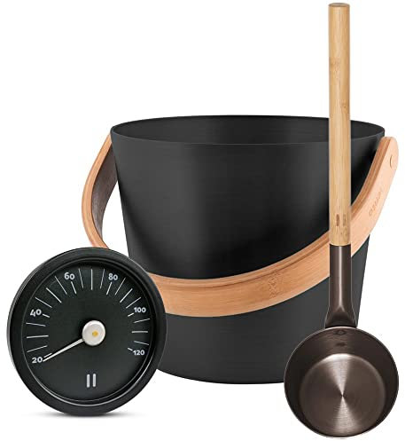 Hochwertige Sauna- Set's inkl. digitaler POOL Total Saunabroschüre (Saunakübel mit Henkel, Kelle und Thermometer, Schwarz)