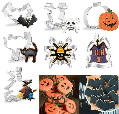 7 Stück Halloween Ausstechformen Set Halloween Cookie Cutters Edelstahl Keksausstecher zum Backen Totenkopf, Fledermaus, Kürbis, Hexe, Spinne, Jagdhütte, schwarzer Katze