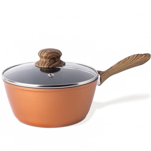 nuovva Non Stick Saucepan with Lid – Induction Small Saucepan – Copper Saute Pan – Small Cooking Pot for Electric, Gas & Induction Hobs – Soup Pan - 18cm