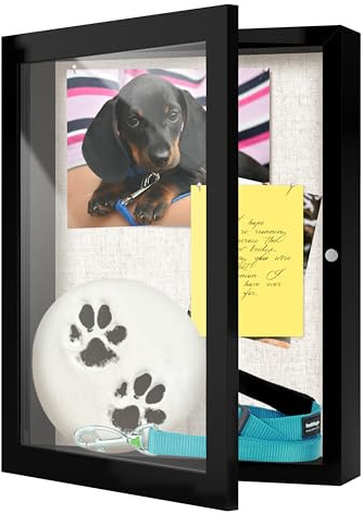 FrameWorks 8.5x11 Deep Shadow Box Frame, Wooden Display Case w. Linen Board & Tempered Glass Door - Matte Black - Medium - Wall Mounted