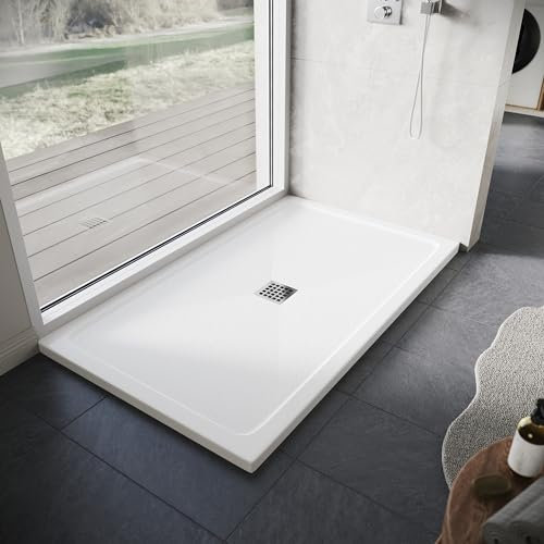 ELEGANT Shower Tray 1500 x 900 x 40 mm SMC New Materials Rectangle White Durable Shower Tray with Non-Slip Flat Stone Look for Shower Enclosure Cubicle and Wet Bathroom + Waste Trap