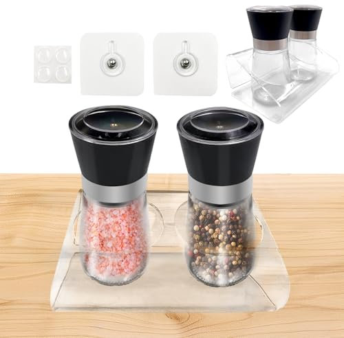 Daily Treasures 2 Pack Salt and Pepper Grinder Set with Acrylic Holder,Refillable Salt Grinder,Stainless Steel Pepper Grinder Mill,Seasoning Grinder with Adjustable Coarseness,Glass Shaker for Kitchen