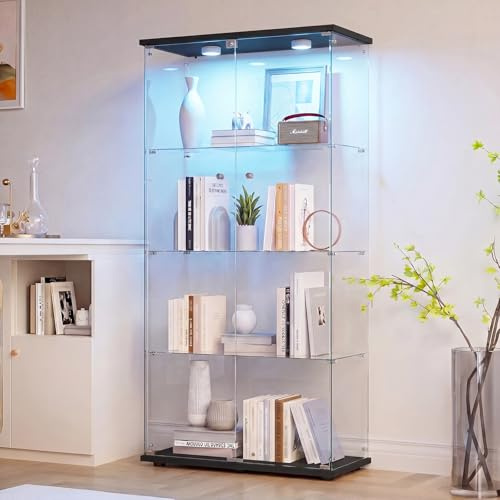 DADEA Vitrina Cristal 4 Estantes y 2 Puerta, Vitrina de Cristal con LED y Cerradura, Cristalera Vitrinas de Pie de CristalEstanteriaCristal con Cerradura Columna Expositora Vidrio Armario Vidrio