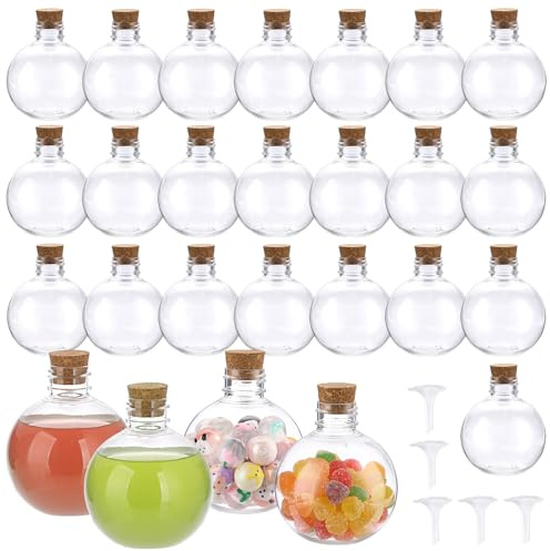 SUMTree 26 Pack 6.8 oz Ball Shape Plastic Potion Bottles with Corks Topper, Clear Sand Art Bottles Containers with 5 Mini Funnels for Party Drinks, Magic Potion, DIY Crafts, Essential Oil