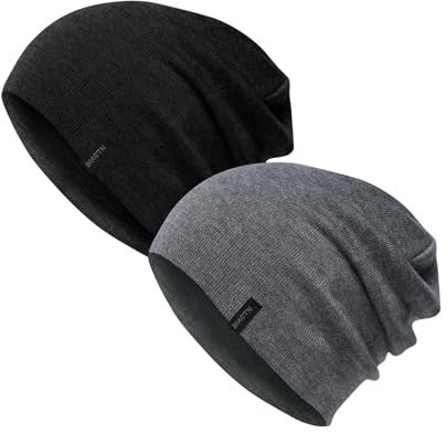 BIAOTN Wool Slouchy Beanies Hats Men, 2Pcs Black Graphite Thin Slouch Carhart Beanie Women Men for Sleeping Running Workout, for Mom Dad Wife Husband People with Cancer.