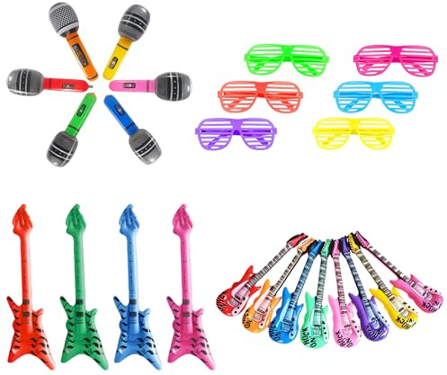 Guitarras de aire para inflar, juego de 7 piezas con micrófonos y bajo, caja de fotos, accesorios para bodas y cumpleaños, decoración de fiestas y accesorios para fotos, niños (color aleatorio)