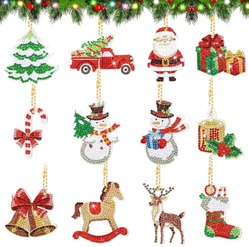FUFRE Diamond Painting Calendrier de l'Avent 2025 12 pièces double face Kit de bricolage Noël enfants Pendentif Calendrier de l'Avent Diamond Painting Hiver pour bricolage et décoration de Noël