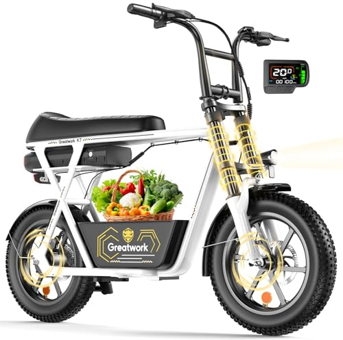 GREATWORK Peak 1200W Electric Scooter with Seat, 480Wh Removable Battery, 30 Miles Max Range, 20MPH Top Speed, 16x3.0 Fat Tire Motorcycle E Scooter for Adults with Basket for Pet s& Cargo