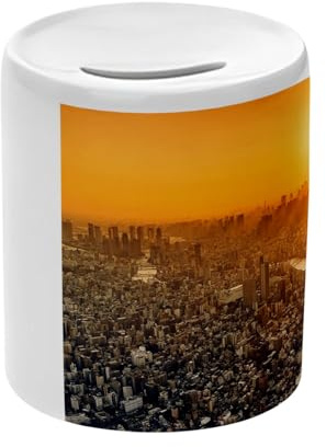 Salvadanaio in ceramica bianca – Soleil Tombe sur la City Tokyo Japan – Scatola portamonete con tappo decorazione camera stampata in Francia